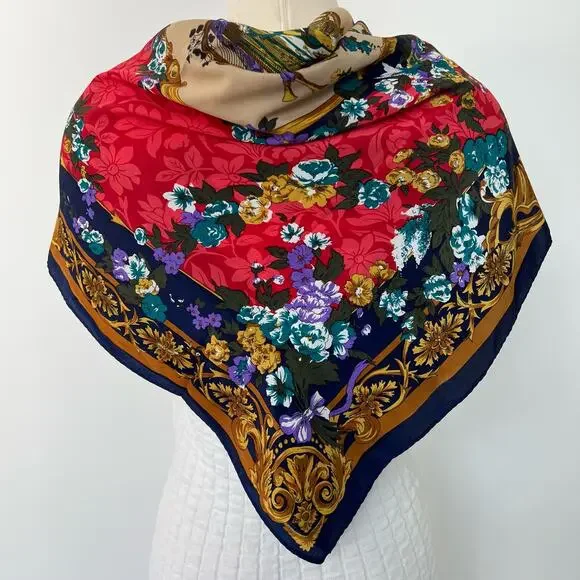 Silk Scarf Floral and Musical Instrument Print Navy Border